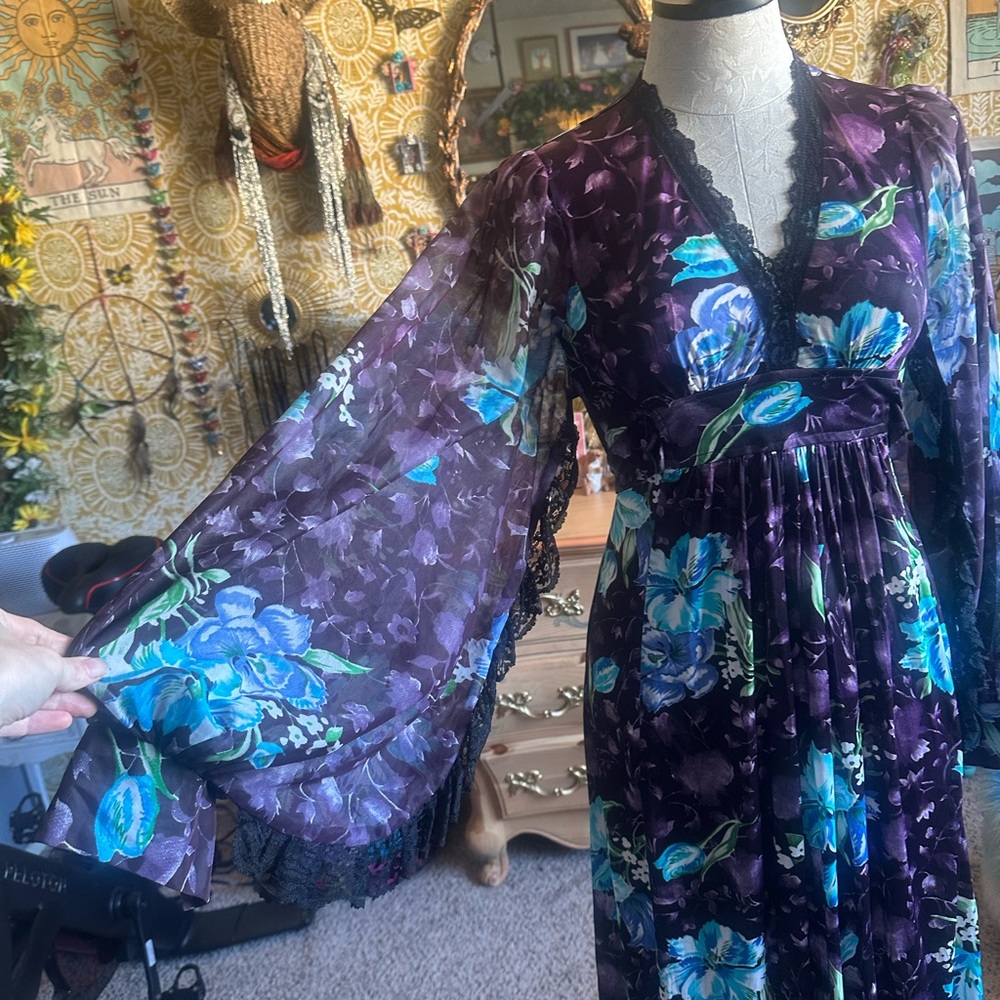 Handmade Floral Purple and Blue Dress with Lace Trim